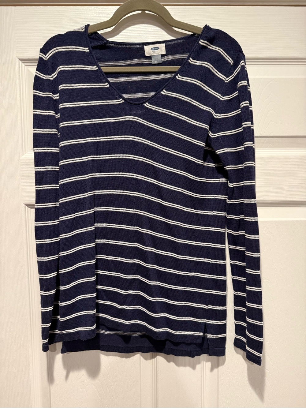 Old Navy Navy and White Striped V-Neck Long Sleeve Top